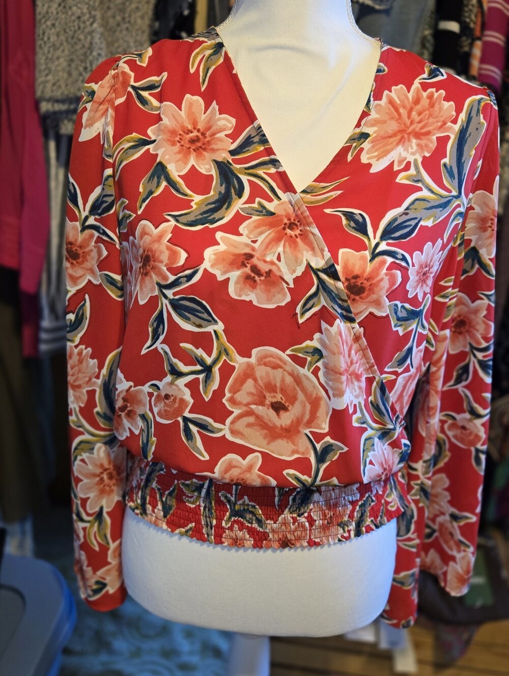 For The Republic Red Floral Wrap Blouse